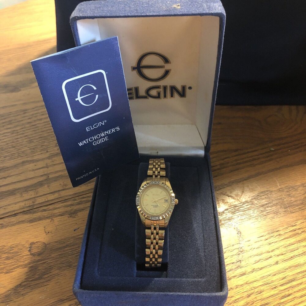 Vintage Elgin Ladies Quartz 6 Diamond-Gold tone Wrist Watch-Original box